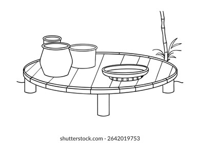 Traditional japanese arrangement featuring vessels on a wooden serving table and bamboo