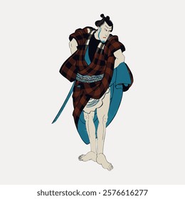 Traditional Japanese art depicting a male figure in a kimono. The male figure is dressed in a patterned kimono, showcasing traditional Japanese attire. Vintage art drawing, isolated vector.