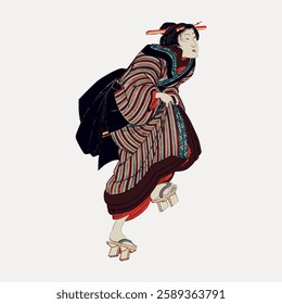 Traditional Japanese art depicting a person in a kimono and geta sandals. The artwork showcases classic Japanese attire and cultural elements. Vintage art painting vector.