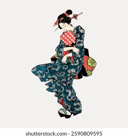 Traditional Japanese art depicting a woman in a kimono. The woman holds a fan, wearing a kimono with intricate patterns. Japanese kimono, fan, art. Vintage woman illustration vector.