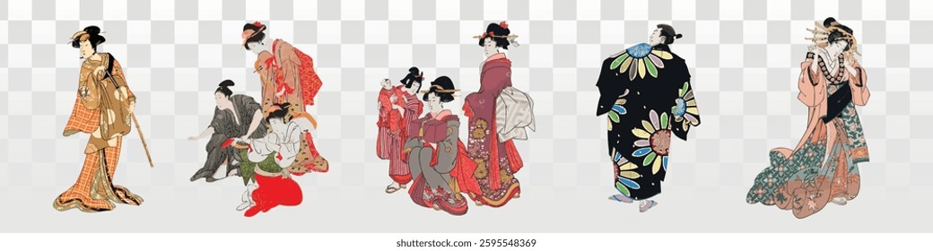 Traditional Japanese art depicting women in kimonos. Elegant kimonos, intricate patterns, and cultural attire highlight Japanese art and tradition. Asian illustrations, element set.