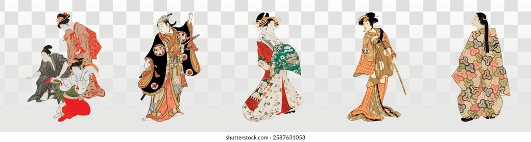 Traditional Japanese art features women in kimonos. Elegant kimonos, intricate patterns, and graceful poses highlight Japanese cultural heritage. Asian illustrations, element set.