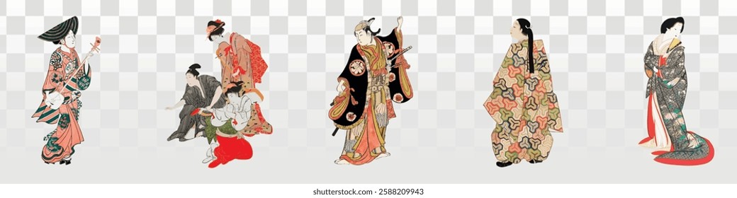 Traditional Japanese art featuring figures in kimono. Elegant kimono designs showcase Japanese culture. Japanese art highlights kimono fashion. Asian illustrations, element set.