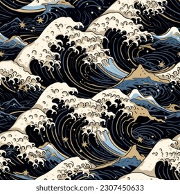 Arte japonés tradicional Patrón de Hokusai de ondas azules y blancas sin fisuras