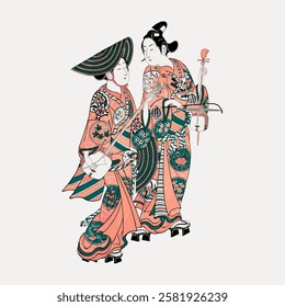 Traditional Japanese art of two figures in kimonos. Detailed patterns and cultural attire. Elegant, historical Japanese illustration with vibrant colors. Vintage woman illustration isolated, vector.