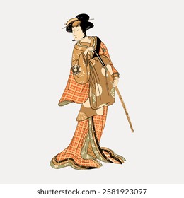 Traditional Japanese artwork of a person in a kimono. The kimono features intricate patterns. The artwork reflects Japanese cultural attire and style. Vintage woman illustration isolated, vector.