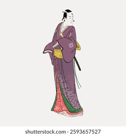 Traditional Japanese artwork of a person in a kimono. The kimono features intricate patterns. The traditional attire highlights cultural elegance. Vintage illustration isolated on white, vector.