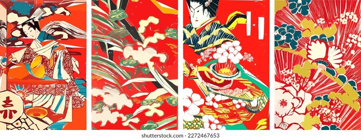 Traditional Japanese background in Red. Beautiful Sakura flowers spring nature art temple pagoda illustration.