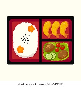 Traditional Japanese bento box lunch with rice, tempura shrimp and vegetables. Vector illustration.