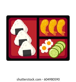 Traditional Japanese bento box lunch with rice onigiri and tempura shrimp, cucumber and egg. Vector illustration.