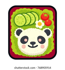 Traditional Japanese Bento Box With Rice In Panda Bear Shape And Vegetables. Cute Healthy Lunchbox For Kids. Vector Illustration.