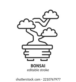 Traditional japanese bonsai line icon. Miniature tree in pot vector symbol. Editable stroke.