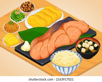 Traditional Japanese Breakfast Grilled Salmon with Tamagoyaki, Hijiki Seaweed, Boiled Spinach, Natto, Rice and Miso Soup. Asian Breakfast Foods Menu Close Up Illustration Vector.