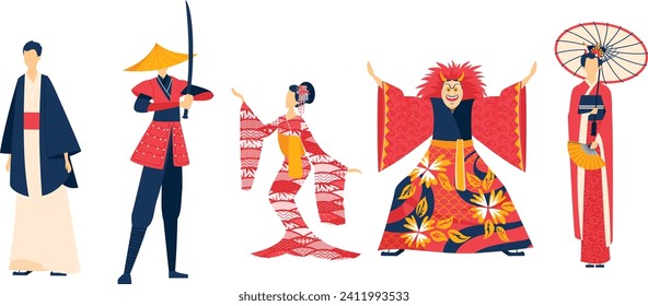 Traditional Japanese characters in various costumes. Samurai, geisha with umbrella, kabuki actor, and man in kimono. Japanese culture, traditional clothing, and performing arts vector illustration.