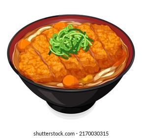 Traditional japanese chicken katsu udon noodles recipe.
Asian fried chicken curry udon noodles menu close up illustration vector.