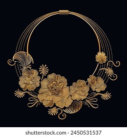 Tradicional japonesa de oro chino bordado 3d escote con flores texturizadas flor, líneas. Hermoso collar de joyería ornamento. Diseño de escote floral étnico bordado. Textura de costura superficial.