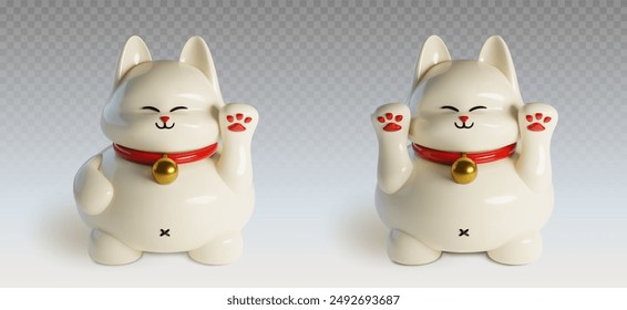 Traditional Japanese and Chinese lucky cat with waving paw gesture, red collar and golden medallion. Realistic 3d vector illustration set of white luck fortune maneki neko animal symbol sculpture.