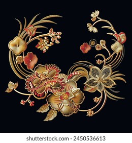 Traditional japanese chinese style embroidery colorful 3d neckline with bloom textured flowers, gold stitching lines. Beautiful necklace ornament. Embroidered ethnic floral isolated neckline design.