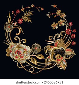 Traditional japanese chinese style embroidery colorful 3d neckline with bloom textured flowers, gold stitching lines. Beautiful necklace ornament. Embroidered ethnic floral isolated neckline design.