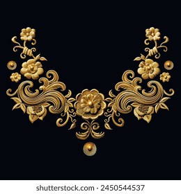 Traditional japanese chinese style embroidery gold 3d neckline with textured bloom golden flowers, gold stitching lines. Beautiful necklace ornament. Embroidered ethnic floral isolated neckline design