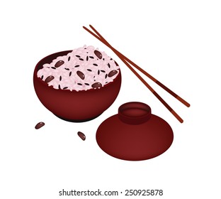 Traditional Japanese Cuisine, Sekihan or Sticky Rice Steamed with Red Beans in Donburi or Japanese Bowl, Served on Special Occasions. 