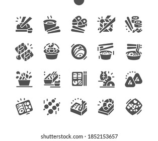 Traditional Japanese cuisine. Sushi rolls set in a variety of japanese food. Soy sauce, wasabi, pickled ginger. Menu for restaurant and cafe. Vector Solid Icons. Simple Pictogram