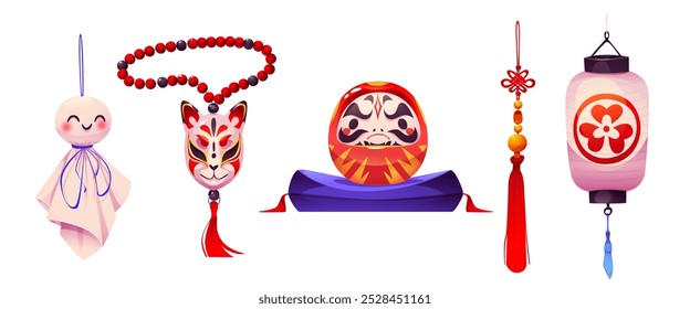 Traditional Japanese culture cartoon elements - daruma doll face mask on pillow, hanging paper lantern with ornate, mizuhiki pendant charm, teru teru bozu handmade doll and fox mask on beads necklace