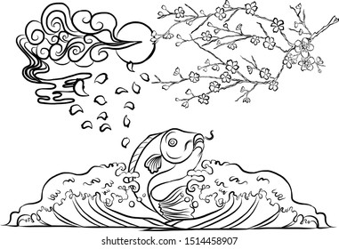 Traditional Japanese culture with Fuji mountain and koi fish,clouds,wave,Sakura vector on wallpaper background.