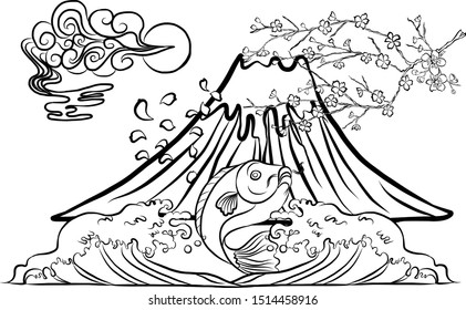 Traditional Japanese culture with Fuji mountain and koi fish,clouds,wave,Sakura vector on wallpaper background.