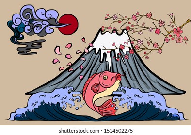 Traditional Japanese culture with Fuji mountain and koi fish,clouds,wave,Sakura vector on wallpaper background.
