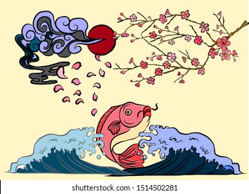 Traditional Japanese culture with Fuji mountain and koi fish,clouds,wave,Sakura vector on wallpaper background.illustration koi fish carp for painting wall on restaurant.