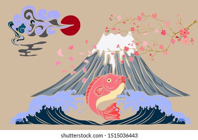 Traditional Japanese culture with Fuji mountain and koi fish, clouds, wave, Sakura vector on wallpaper background.