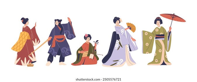 Traditional Japanese Culture Illustration. Five People In Traditional Clothes Performing Dance And Music