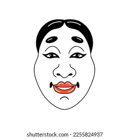 Traditional japanese culture mask of noh woman theatre stylized human face okame vector illustration isolated on white background