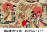 Traditional Japanese culture, red sun, dragons and geisha woman pattern. Japan art. Japanese and Chinese culture seamless pattern 