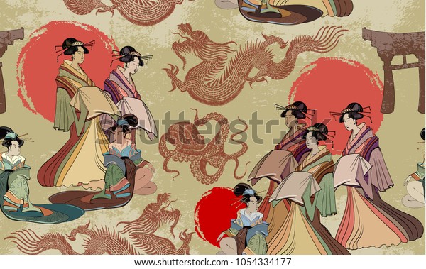 Traditional Japanese culture, red sun, dragons and\
geisha woman pattern. Japan art. Japanese and Chinese culture\
seamless pattern 