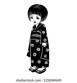 Traditional Japanese culture. Japanese woman, vector.Black and white sketch of a girl in a kimono.Stock vector illustration isolated on white background.