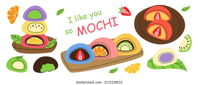 Traditional japanese Daifuku Mochi dessert with strawberry, chocolate, orange, kiwi, lemon flavors. Asian sweet food. Rice fruit dessert on wood plates, leaves. Hand drawn flat vector illustration