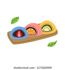 Traditional japanese Daifuku Mochi dessert with kiwi, chocolate, orange, strawberry flavors. Asian sweet food. Rice fruit dessert on wood plates with leaves. Hand drawn flat vector illustration