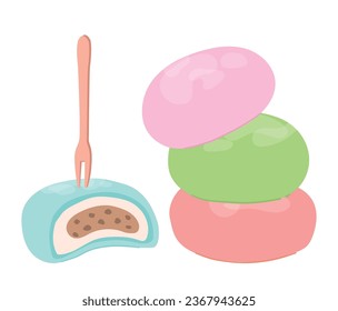 Postre tradicional japonés Daifuku Mochi. Postre de fruta de arroz. Comida dulce asiática. Ilustración vectorial plana dibujada a mano. Mochi aislado de fondo blanco.