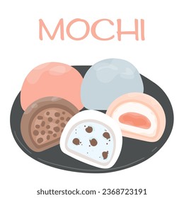 Traditional Japanese Daifuku Mochi dessert. Rice fruit dessert on wood plates. Asian sweet food. Hand drawn flat vector illustration. Mochi on a wooden board, isolated on white background.