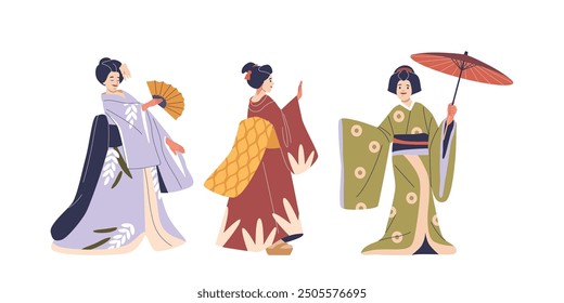 Traditional Japanese Dancers In Kimono Performing With Fan And Umbrella. Illustration In Cartoon Style