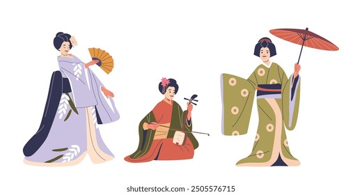 Traditional Japanese Dancers In Kimono Performing And Playing Musical Instrument, Cartoon Vector Illustration