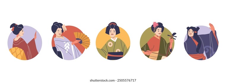 Traditional Japanese Dancers And Musicians In Elegant Costumes Featuring Beautiful Hair Accessories, Cartoon Avatars