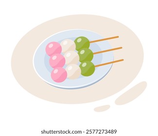 Traditional Japanese dessert Dango. Hanami Dango dessert on a plate. Design element for banner, poster, restaurant menu. Vector illustration