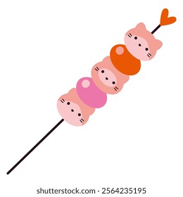 Traditional Japanese dessert Hanami or Mitarashi Dango, cute Japanese sweet rice balls dumplings in the shape of a cat. Asian food. Trendy modern isolated vector illustration, hand drawn, flat