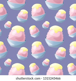 Traditional Japanese dessert kakigori. Ice chips with strawberry syrup. Vector flat seamless pattern