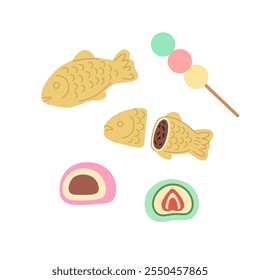 Traditional japanese desserts, dango, taiyaki, and mochi. Vector illustration isolated on white background.