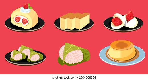 Traditional japanese desserts, sweet dessert set, sweet bakery background