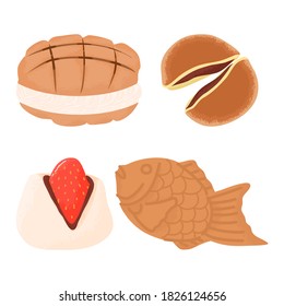 Traditional Japanese desserts and sweets treats food Taiyaki or Japanese fish-shaped cake, dorayaki, strawberry mochi or ichigo daifuku and melon pan or melon bread with whipped cream.